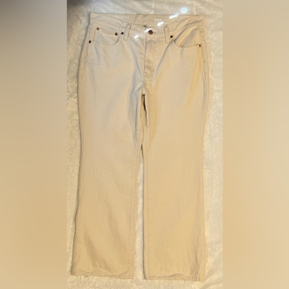 J. Crew Cream 100% Cotton Full Length Demi Boot Distressed Hem Jeans Sz‎ 30P EUC